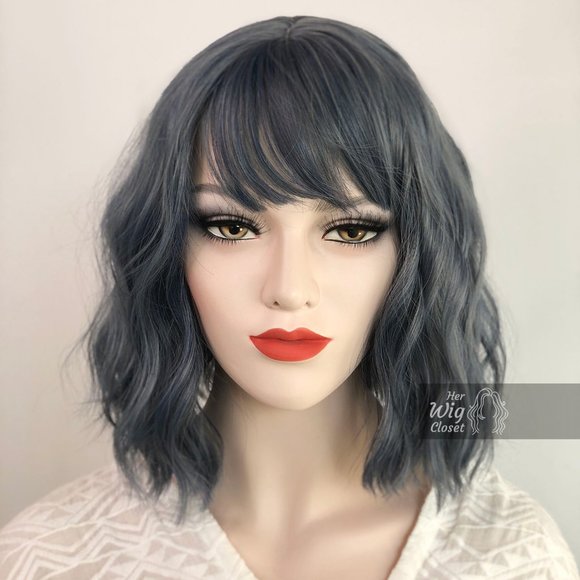 Her Wig Closet Accessories - 12" Ashy Blue Gray Wavy Wig with Bangs | Stacy